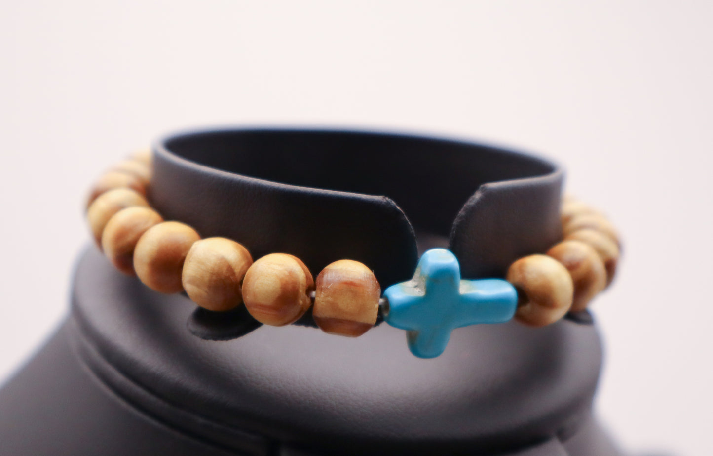 Turquoise Cross Band - Light Brown Wood Beads