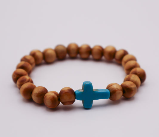 Turquoise Cross Band - Light Brown Wood Beads