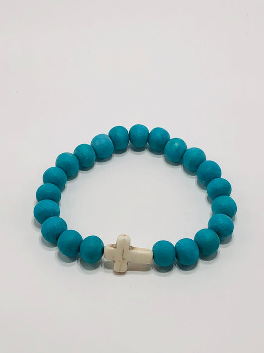 White Cross Band - Turquoise Wood Beads